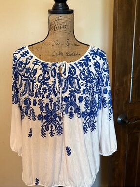 Perseption White blouse with Cobalt Blue Embroidery